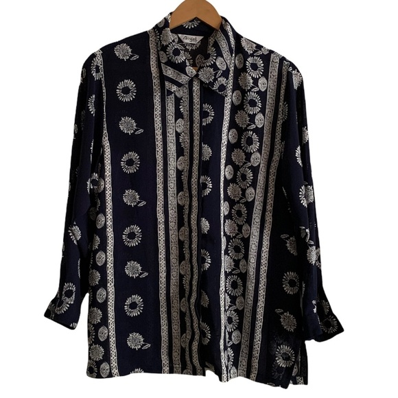 Angel Fashion Women’s Navy blue and White Printed Long Sleeve Blouse Siz… - Picture 1 of 17